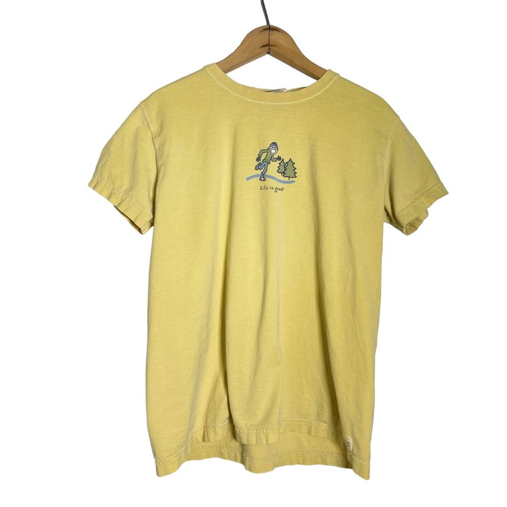 Life Is Good Yellow T Shirt Winter Running Christmas Tree Cotton Tee MEDIUM